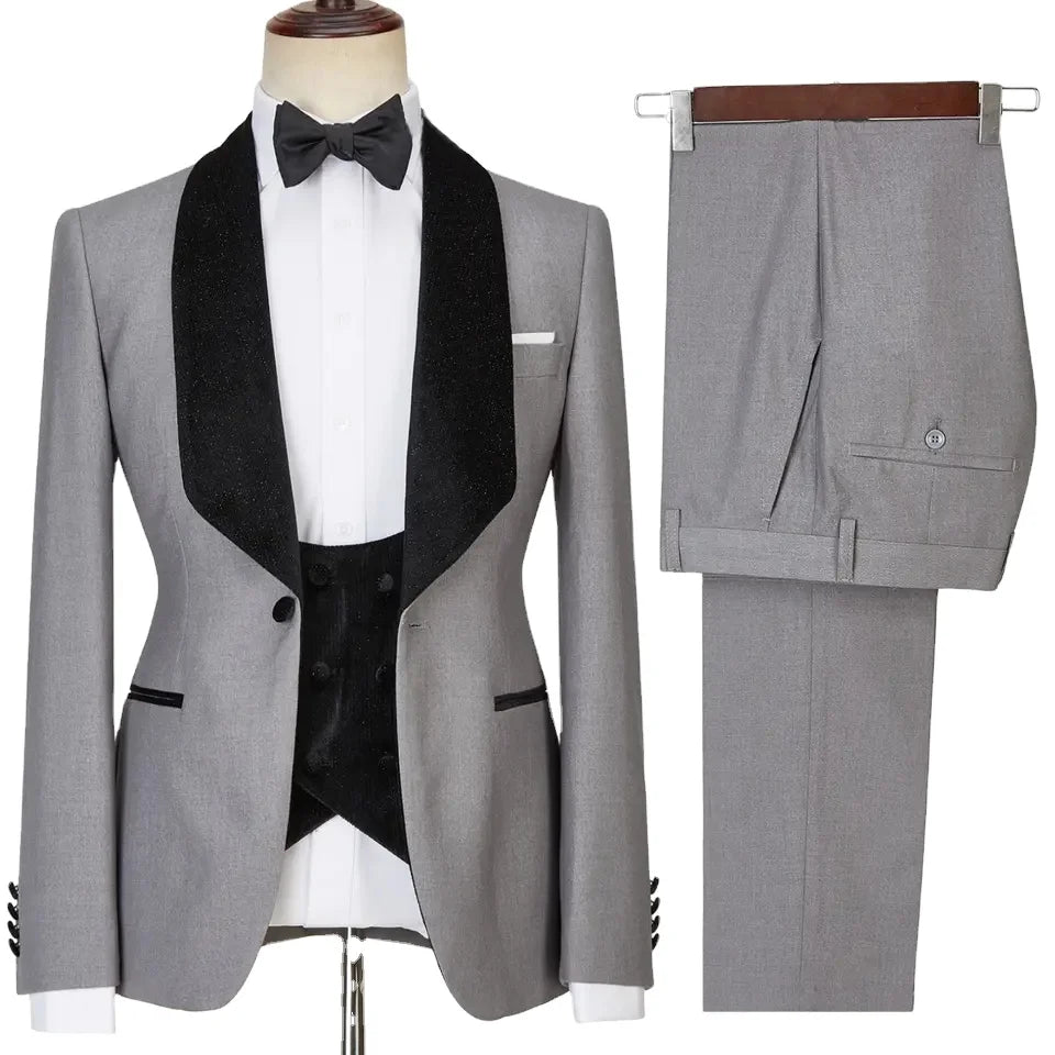 Newest Design Grey Navy Black 3 Pieces Men Suits Velvet One Button Jacket Waistcoat Pants Set Wedding Groom Male Party Suits