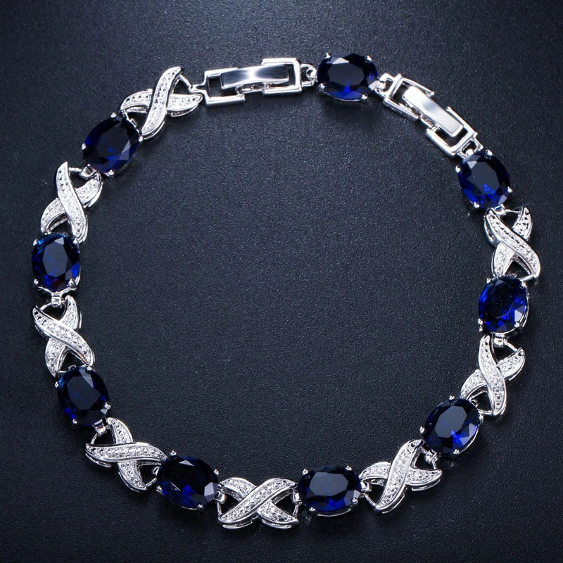 Popular Multicolor Oval Cut Cubic Zirconia Cross Link Chain Bracelets Women Charming Wedding Bracelet Bangle Party Jewelry Gift