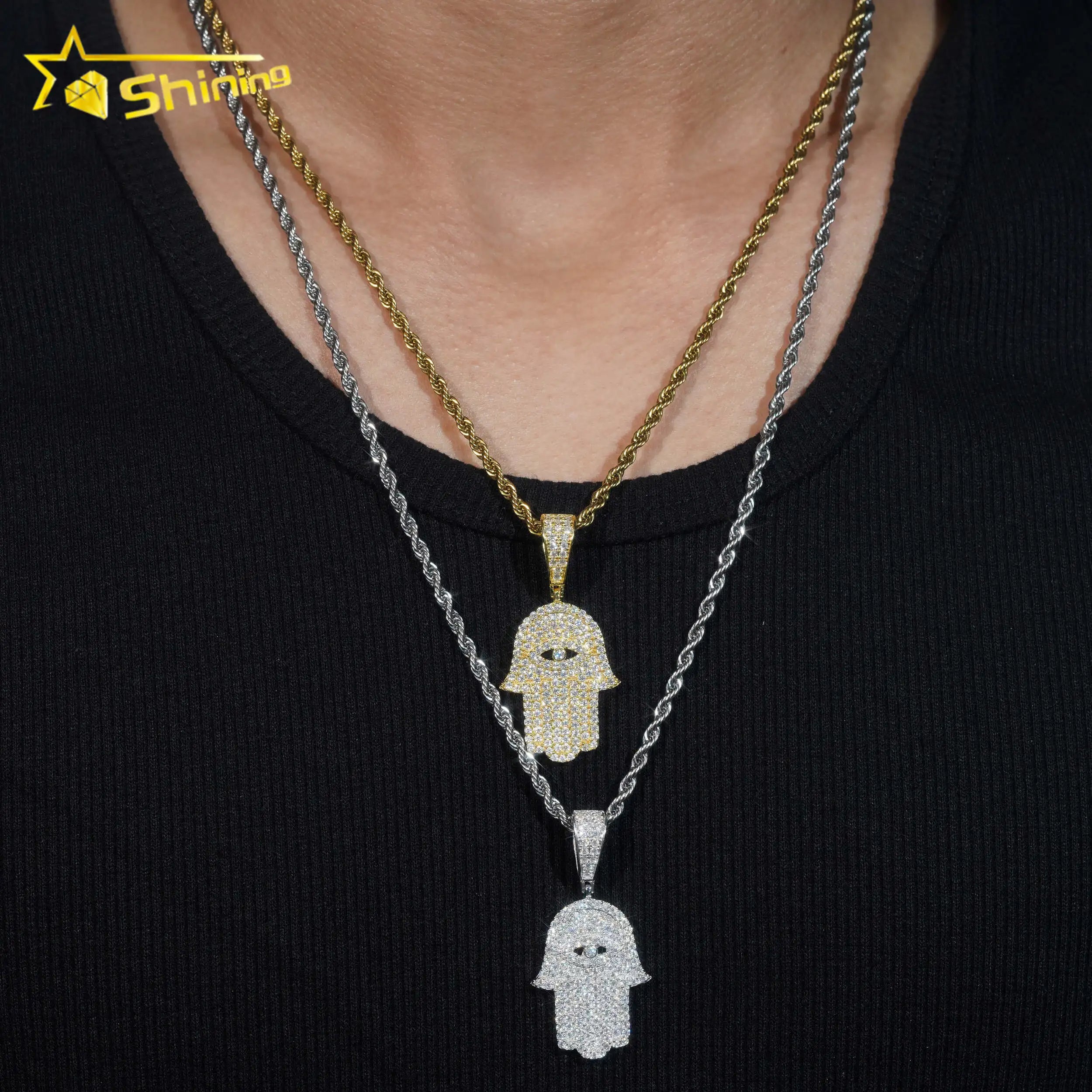 Worldwide Shipping Hip Hop Jewelry Sterling Silver Gold Plated Hamsa Hand VVS D Moissanite Diamond Pendant