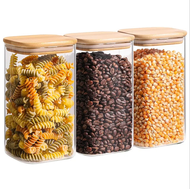 Glass Storage Containers with Lids Glass Jars with Bamboo Lids Clear Food Storage Jar Square Glass Canister Pantry Organizers