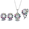 Sunflower Design Rainbow Stone Full Jewelry Set Earrings Ring and Necklace in Sterling Silver 925