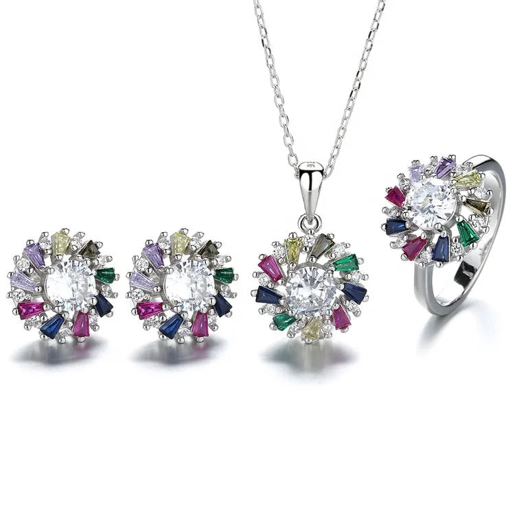 Sunflower Design Rainbow Stone Full Jewelry Set Earrings Ring and Necklace in Sterling Silver 925