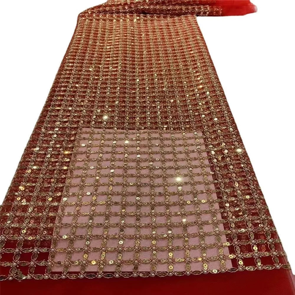 Handmade Sequin Embroidered Bridal Bead Net African Lace Fabric