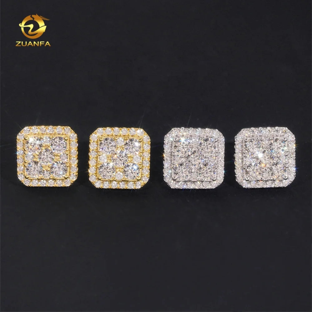 Big Luxury Iced Out Square Hip Hop Moissanite Diamond Mens Earring 925 Sterling Silver Earrings for Men