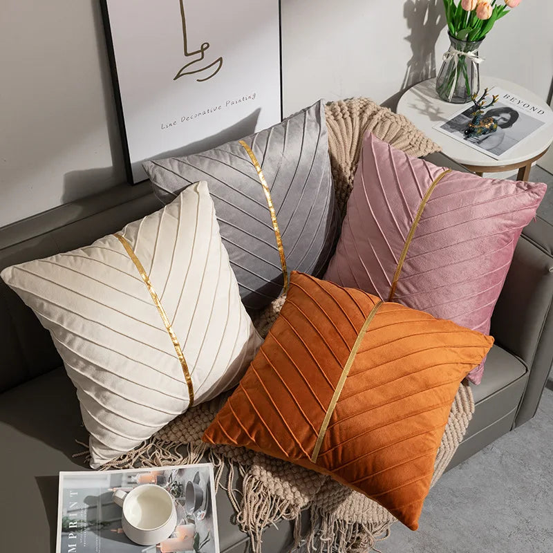Modern Luxury Decor Gold Edge Leather Stripes Patchwork Woven Velvet Throw Pillow Case Home & Hospital Use