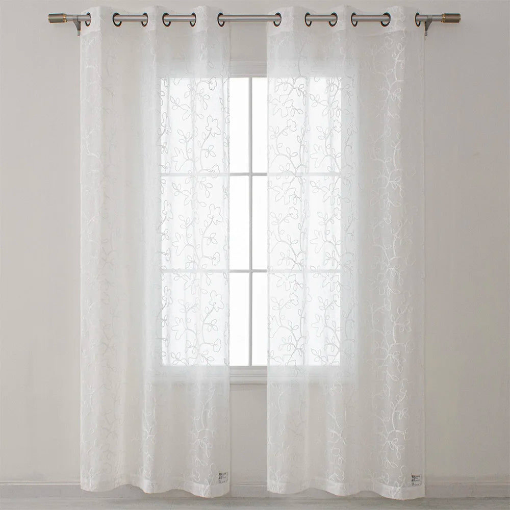 Custom White Embroidered Geometric Design 100% Polyester Modern All-Season Living Room Window Sheer Tulle Embroidery Curtains