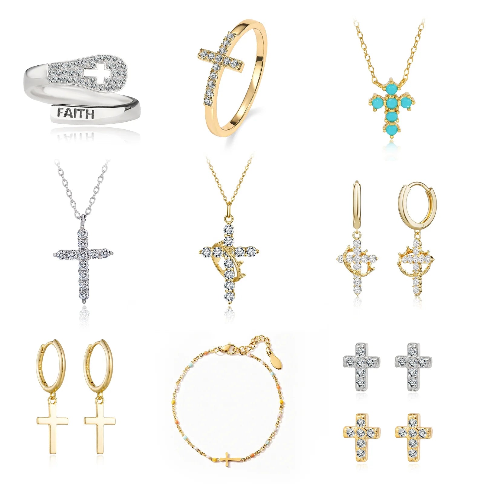 Border Wholesale Christian Engagement 925 Sterling Silver Turquoise Mini Zircon Chain Faith Ring Cross Crown Earrings Colorful
