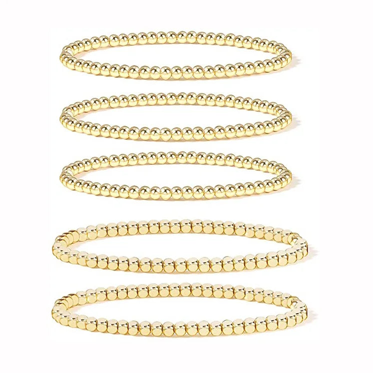 Classic Style 14k Gold Plated Brass Round Ball Faceted Bead Stretch Bracelet Stack Sets