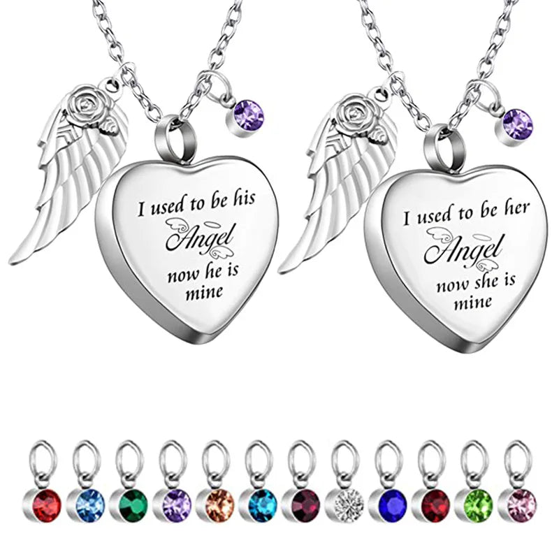 New Style Custom Logo Stainless Steel Necklace Angel Wing Heart Charm Cremation Memorial Ashes Urn Necklace Birthstone Charm