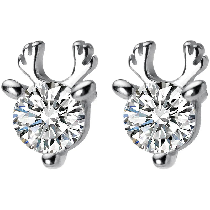 Yulu You You Women's Elegant Cute Christmas Trendy Style Earrings Platinum Little Reindeer Zircon Korean Antler Gold Plated