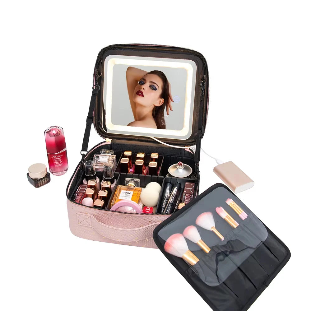 KONCAI Portable Makeup Case Bag With Led Light Mirror Beauty Travel Case Make up Organizer Bag Cosmetic Storage Case