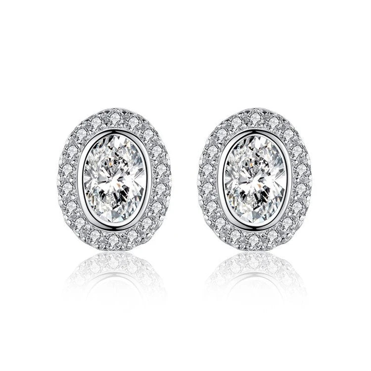 Hot Selling 925 Sterling Silver Simple Stud Earrings Women Fashion Luxury Oval Full Diamond Rhinestone Earrings