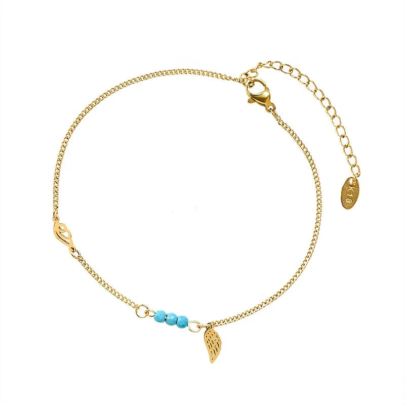 Dainty NEW Fashion Charm Stainless Steel Anklets Chain Blue Turquoise Bead Wing Pendant Anklet Ankle Bracelets Woman Foot Jewel