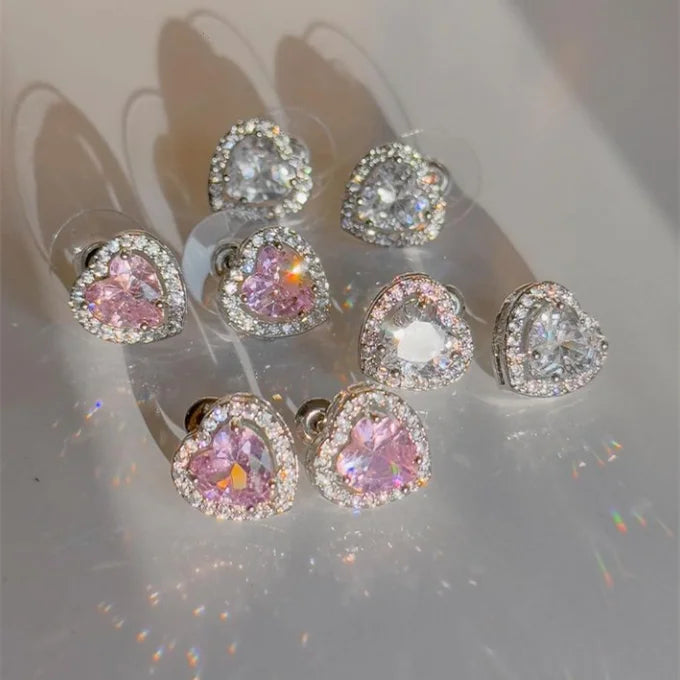 Sweet Pink S925 Silver CZ Cubic Zirconia Stud Earrings Delicate Heart Design Nickel Free Gold Plated for Anniversary Gifts