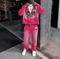 New Fashion Custom Manufacturer Streetwear Rhinestone Zip up Hoodie Sweat Pants Set Acid Wash Tracksuit Sun Faded Men Sweatsuit