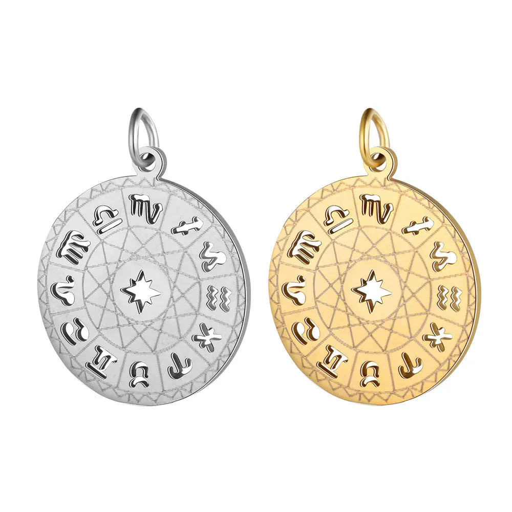 Horoscope Sign Engraved Stainless Steel Round Shape Mirror Polished Zodiac Charms Pendant for DIY Jewelry Making