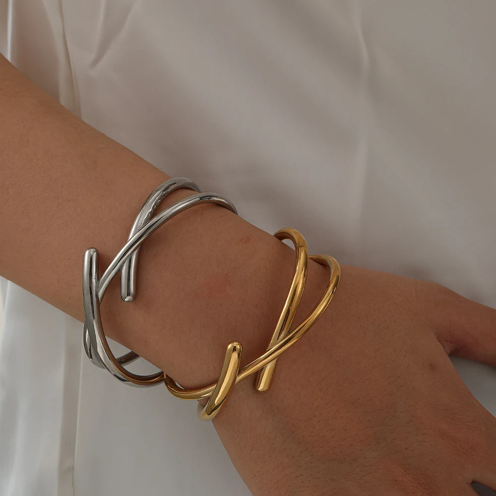 High End Designer Titanium Smooth Crossover Bangle Bracelet for Women Open Cuff Minimalist Adjustable Fashion Jewelry Gift