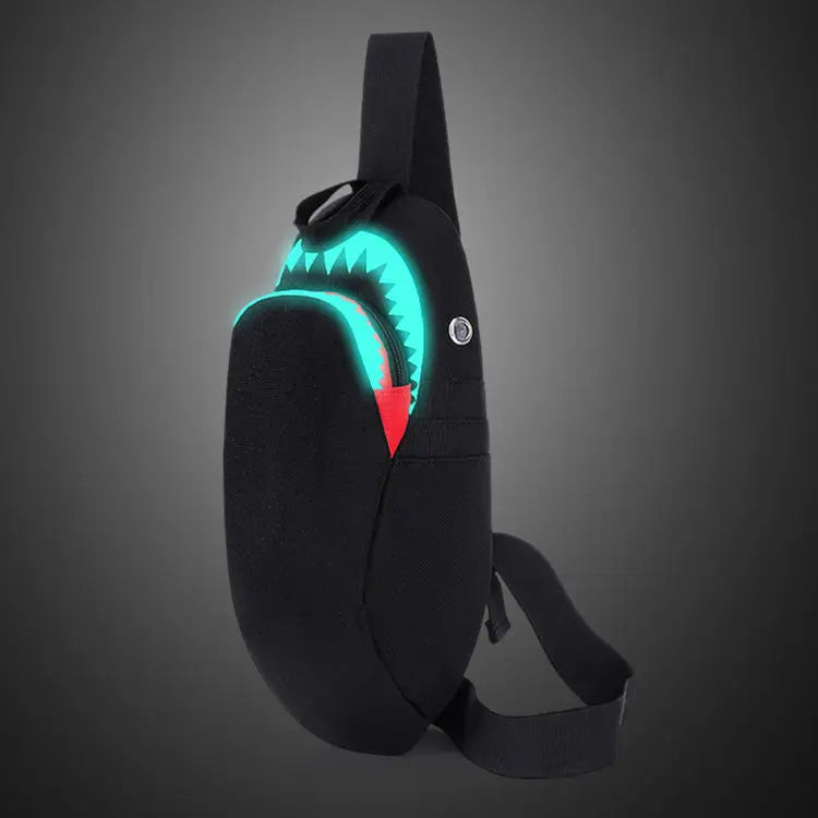 Fashion OEM Waterproof Oxford Crossbody Sling Backpack with Shark Mouth Design and USB Port Luminous Printing