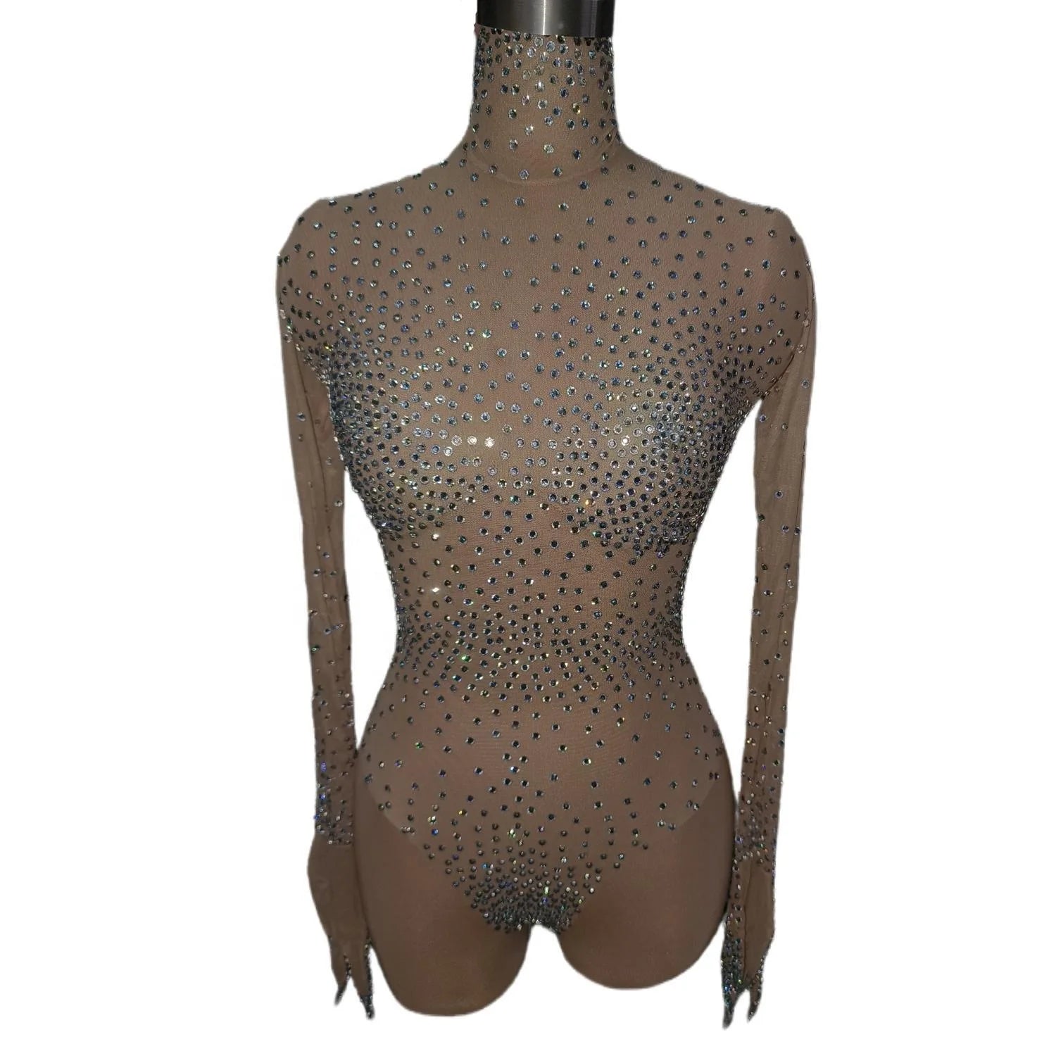 2023 Sexy Transparent Mesh Long Sleeve Pole Dance Leotard Rompers One Piece Short Jumpsuit Women Party Club Rhinestone Bodysuits