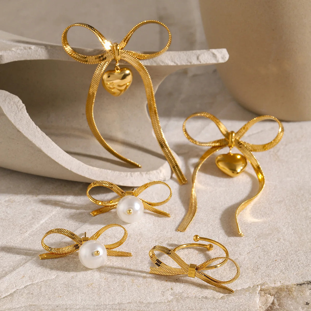 Fashion Jewelry Stainless Steel butterfly Bow Tie Heart Stud Earrings Bracelets Sets Nickel Free 18K PVD Gold Plated