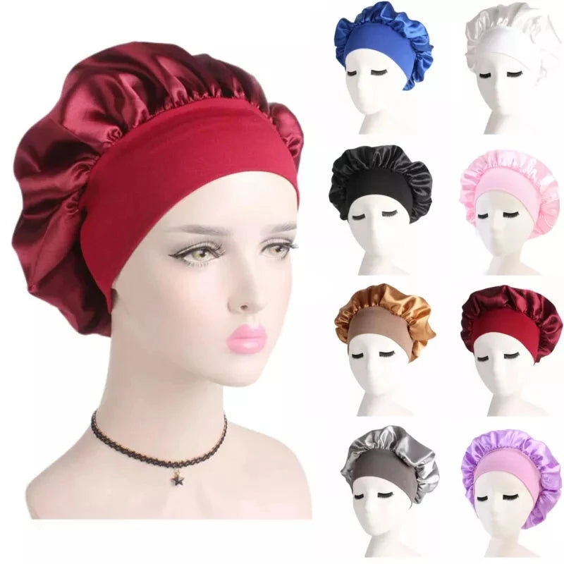 Fashion Satin Hair Bonnet Double Layer Chemo Hats Adjustable Sleeping Hats Wide Elastic Band Silk Hair Bonnet for Women