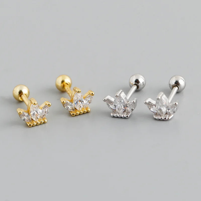 Cute Design 925 Sterling Silver Zircon Crown Screw Stud Earrings S925 Girl Women