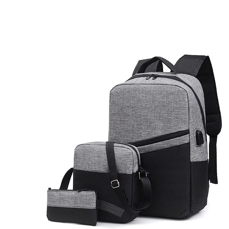 USB Rechargeable Men's Backpacks Three-Piece Set Comfortable Computer & Leisure Bag