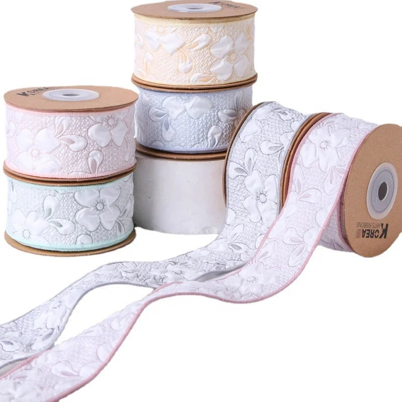 Light-Colored Floral Jacquard Woven Ribbon Single Face Rabbit Ear Solid Pattern 50 Yards for Decorations