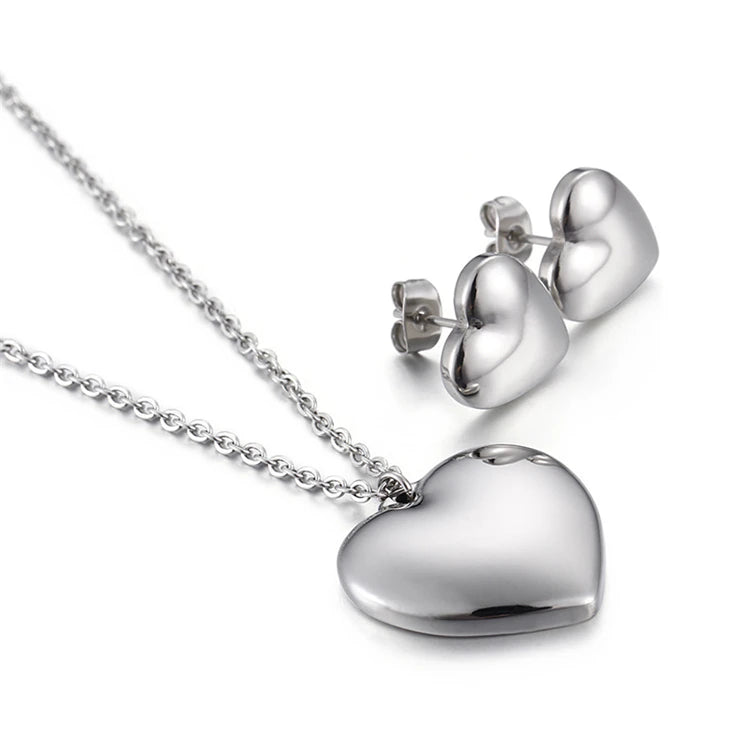 Glamorous Heart Love Shape Gold Plated Stainless Steel Earrings Necklace Set for Women