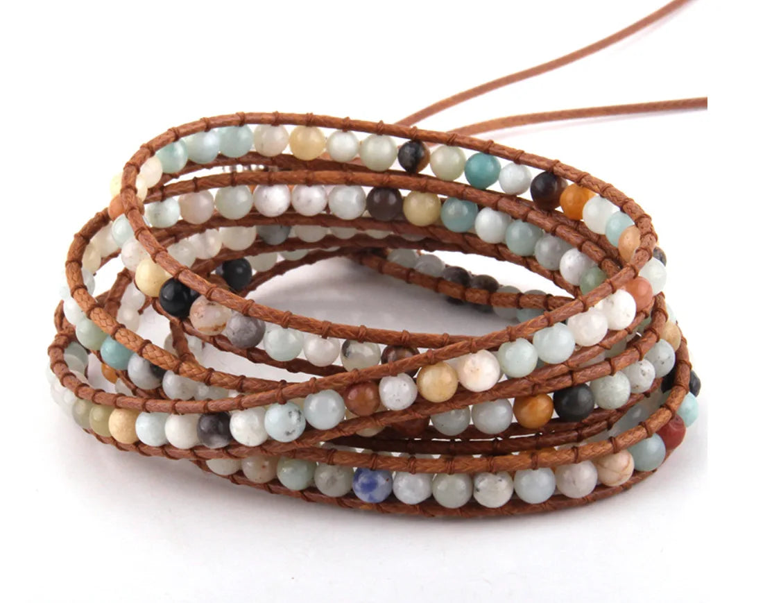 Popular Ethnic Style Jewelry Five Loop Wrapped 4MM Natural Stone Beaded Bracelet Gifts for Women
