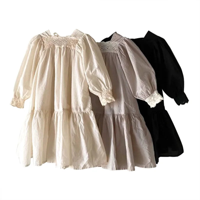 Fashion Girls' Lace Dress Puff Sleeve Sweet Girl Dress Korean 1-5Year Girl Princess Dress
