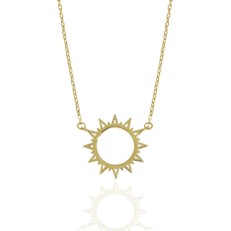 18K Yellow Gold Sunburst Necklace Holiday Hollow Sun Sunshine 925 Sterling Silver Necklace