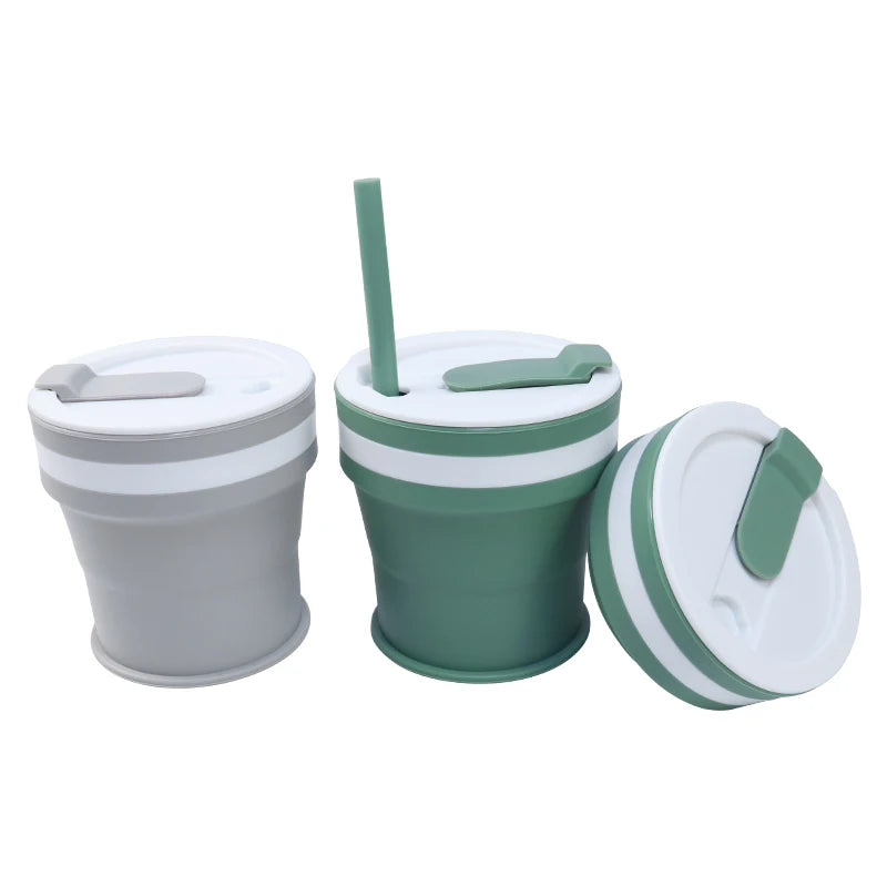 Reusable Foldable Camping Cup Silicone Collapsible Mugs Folding Milk Coffee Cola Cup 350 ML With Lid and Straw for Business Gift