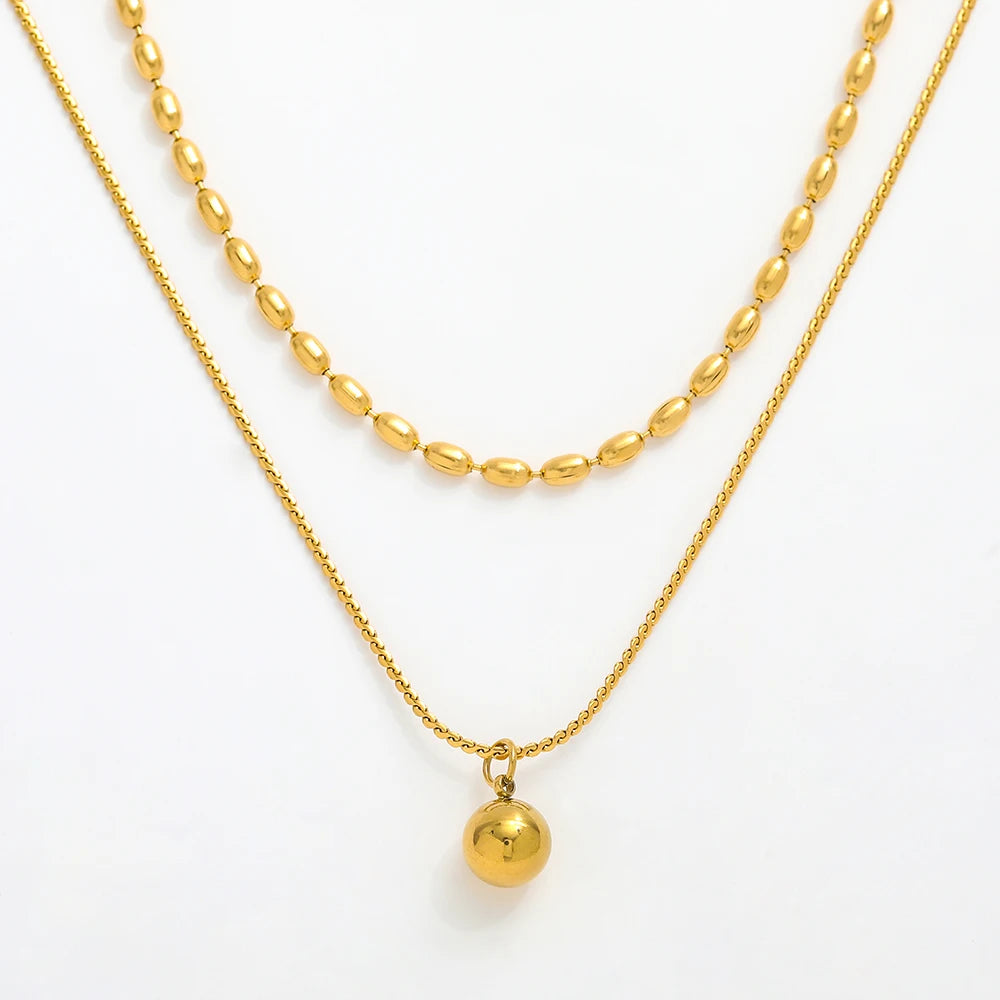 Joolim Jewelry 18K Gold Plated Layered Bead String Ball Pendant Necklace Stainless Steel Jewelry Wholesale for Women