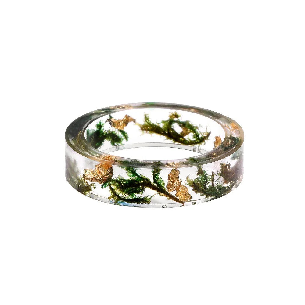 SC Fashion Resin Rings Trendy Transparent Crystal Rings Boho Amber Green Moss Gold Foil Dried Flower Resin Jade Ring for Women