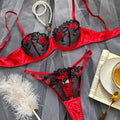 High Quality Red and Black Embroidered Lingerie Set Sheer Mesh Floral Bra and Thong 2-Piece Luxury Underwear for Women