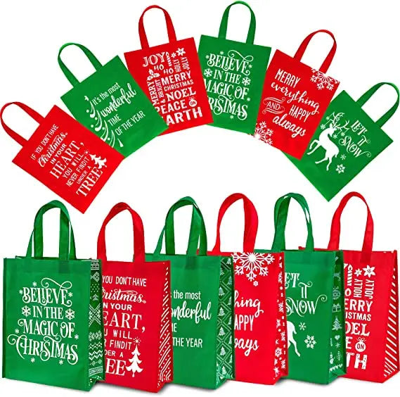 Ruthbag Christmas Tree Letter Pattern Medium Reusable Red Green Non-Woven Tote Bags with Xmas Party Handles