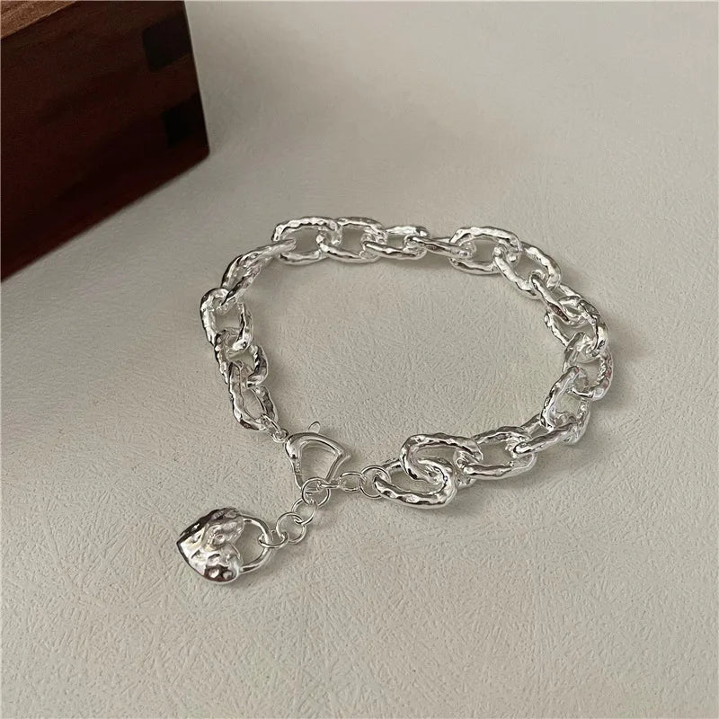 Chunky Jewelry Bracelet 925 Sterling Silver Hammered Link Chain Heart Bracelet