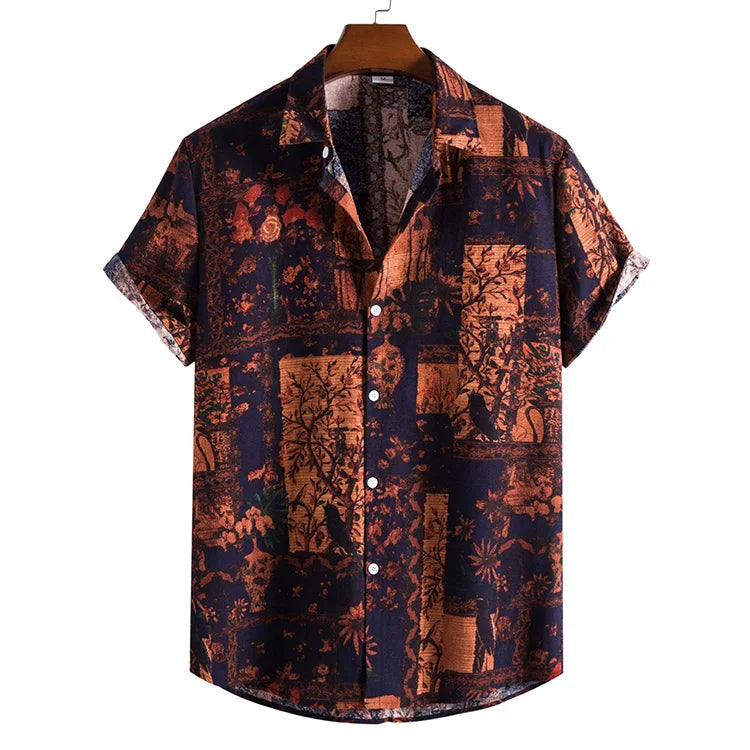 Wholesale New Men's Fashion Trend Cotton Linen Printed Short-sleeved Shirt