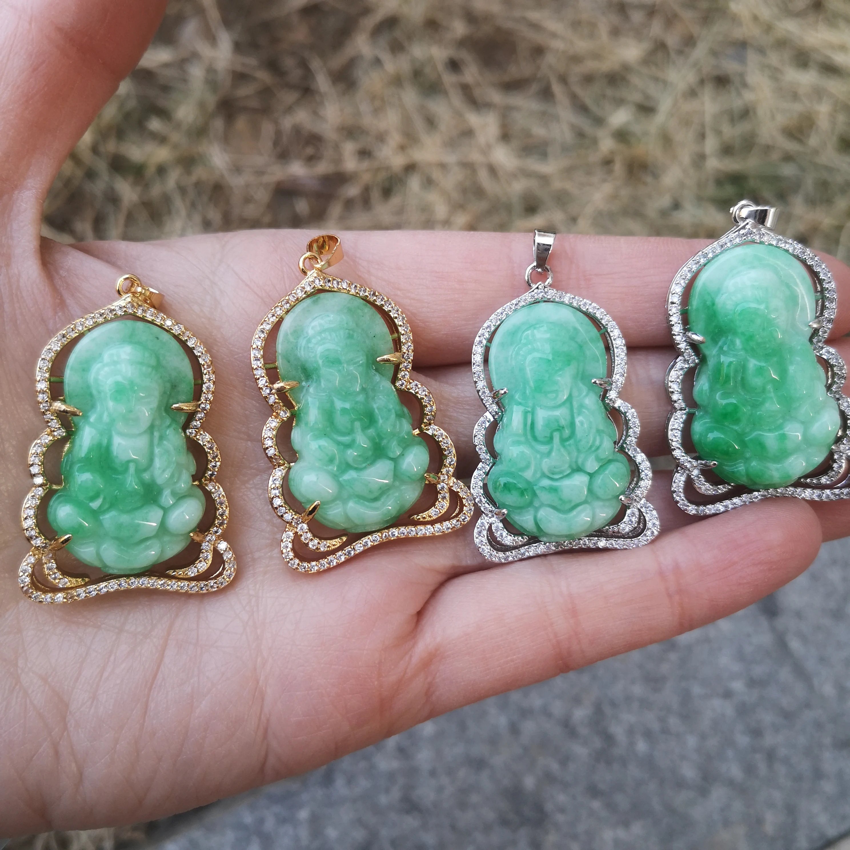 Jialin Wholesale Jade Gold Guanyin Pendant Natural Real Green Jade Women Buddha Guanyin Jade Necklace with Chain