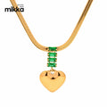 New Style Waterproof Green Zircon Smooth Heart Pendant  Flat Snake Chain 18K Gold Plated Stainless Steel Necklace