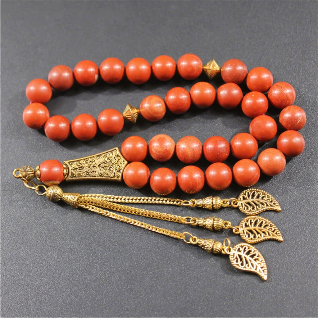 Natural Red Stone Tasbih Gold Tassel Muslim Bracelet Rosary Islamic Gift Prayer Beads 33 Saudi Arabia Misbaha Subha