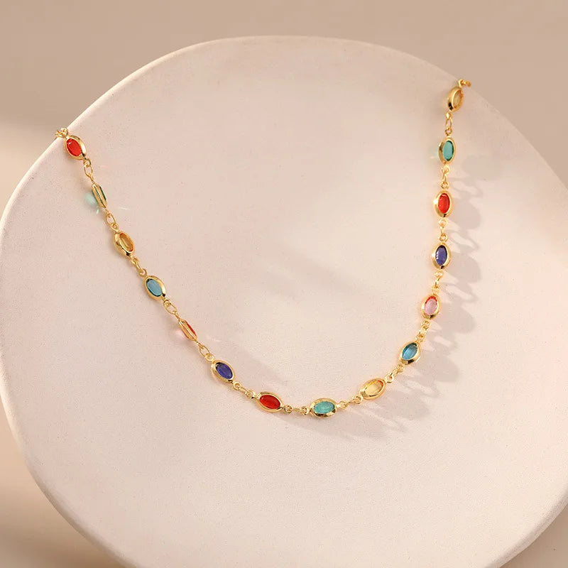 2025 Fashion 18K Gold Plated Multicolor Stone Crystal Oval Necklace Jewelry for Women Girls