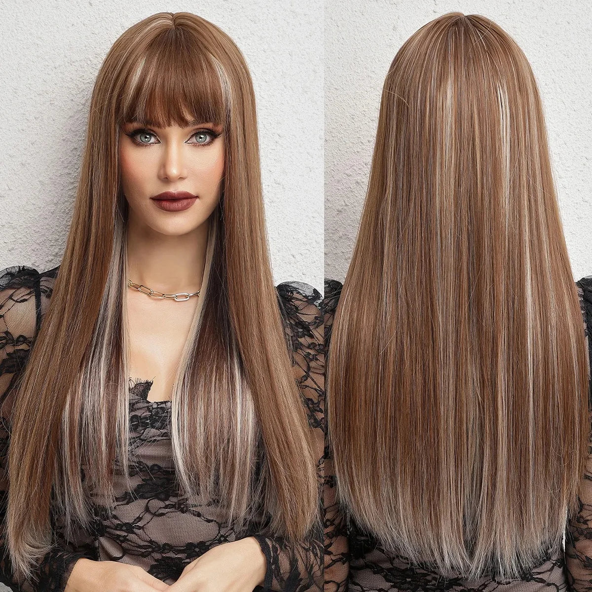 Factory Fast Delivery Chocolate Brown With Blonde Highlight Synthetic Hair Long Straight Natural Wigs With Bangs Women Fiber Wig