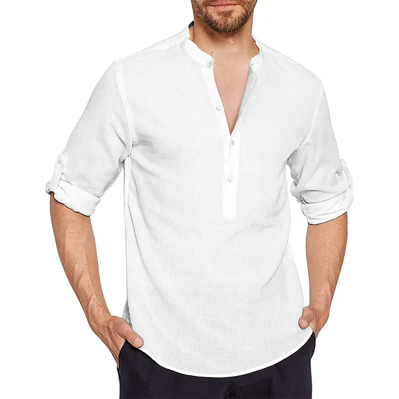 Men Casual Large Shirt Cotton Linen Loose Collar Long Sleeved Shirt for Men