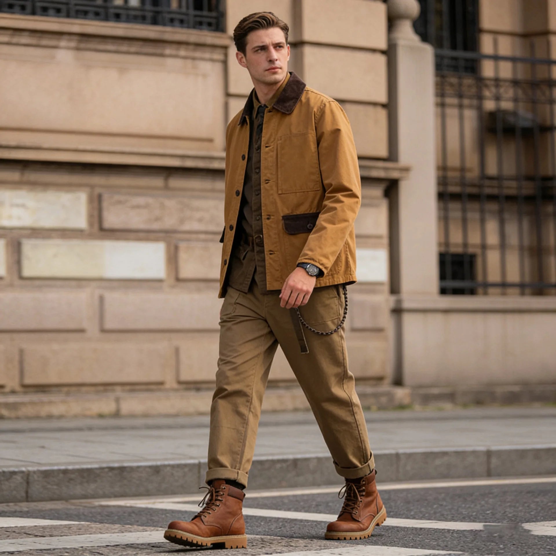 Spring Fall Men's Canvas Work Jacket with Corduroy Collar Vintage Chore Coat with Multi-Pockets on Sale