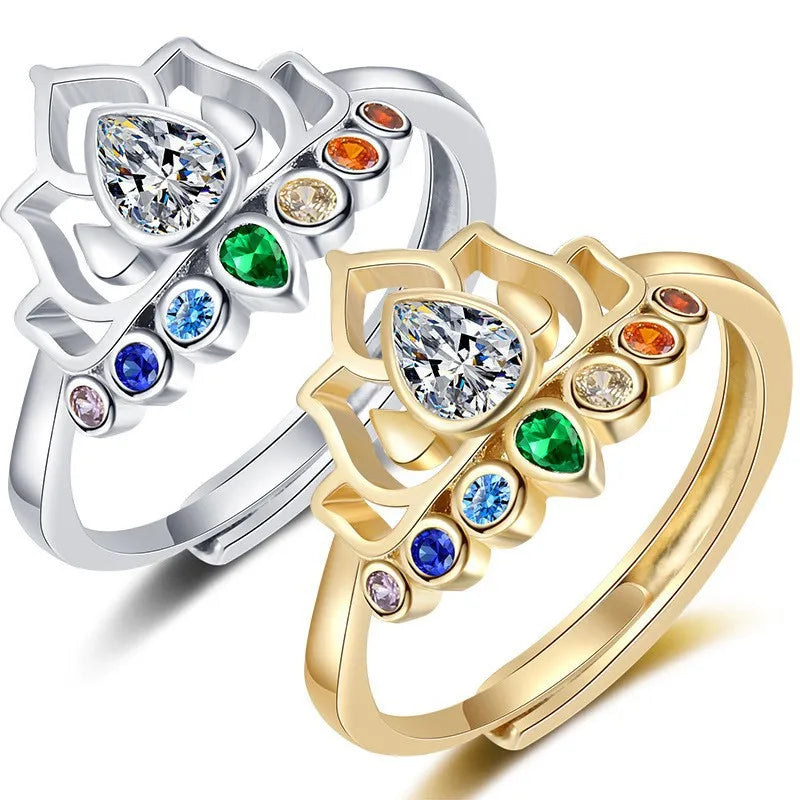 Colored Zircon Rebirth Lotus Ring for Women Anillo De Acero Inoxidable Full Zircon Sparkling Shiny Finger Ring for Women