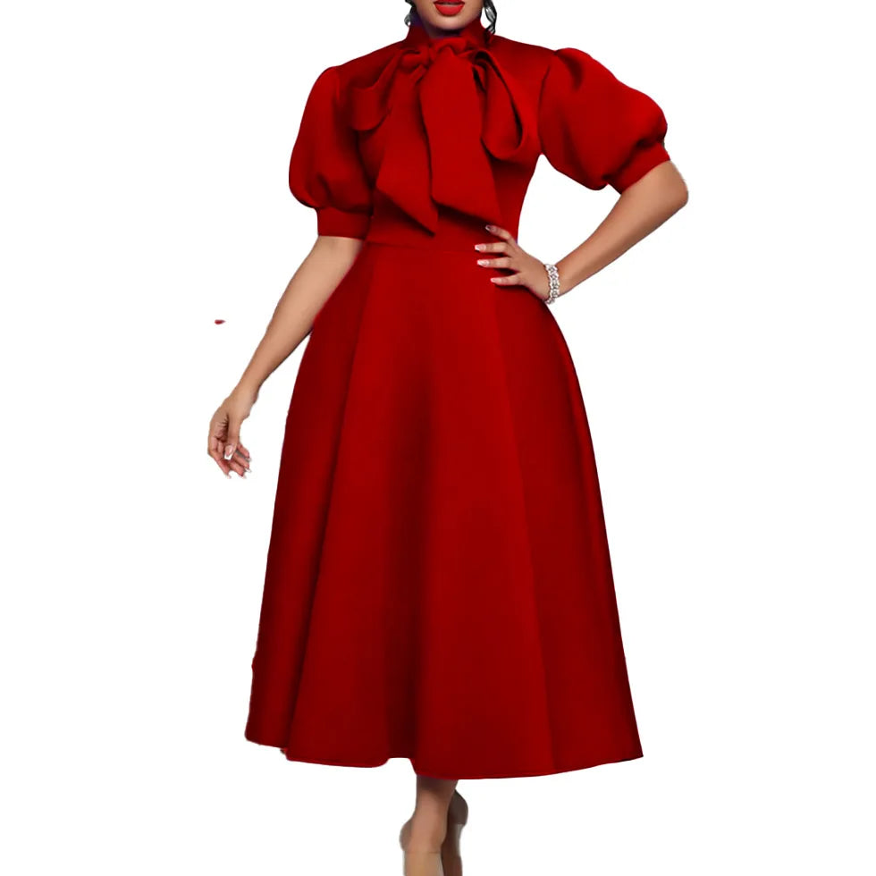 2022 Latest Design Summer Banquet Dresses Women Lady Elegant Solid Color Bow Short Sleeve Party Dress Evening Dress