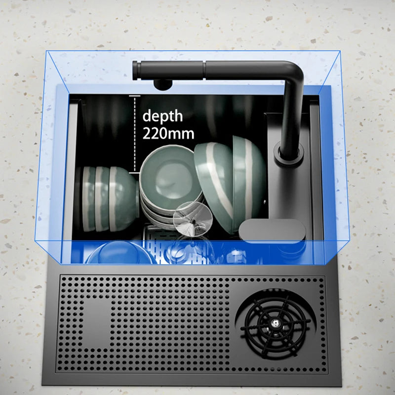 Concealed Dishwasher Sink Single Bowl Nano Stainless Steel Kitchen Sink with Cover Plate Three Hole Multi-function Set Faucet