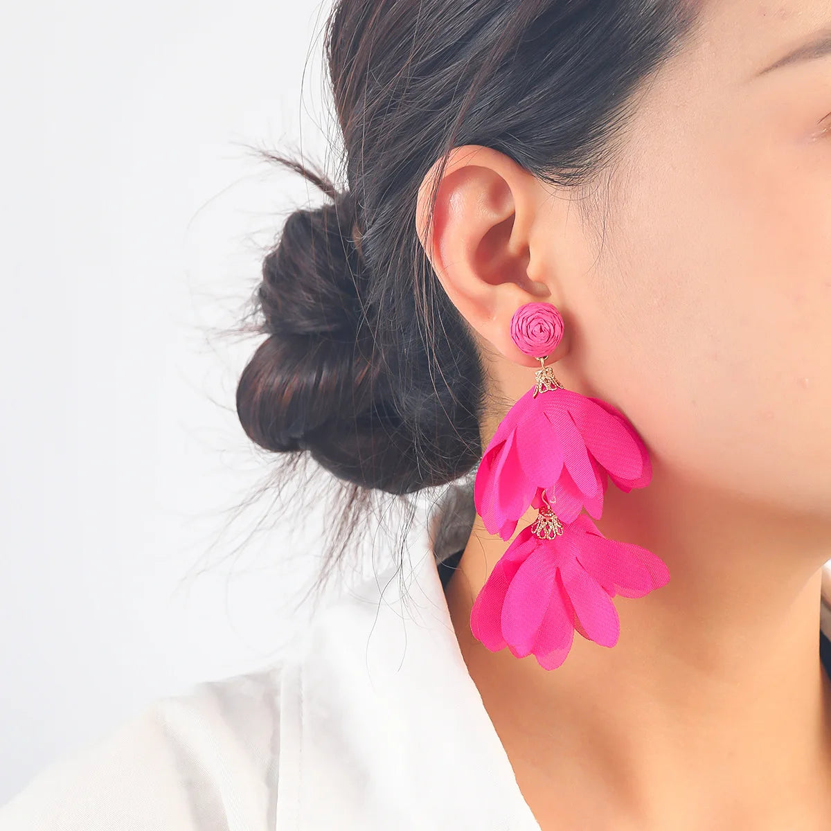 Summer Wholesale Chiffon Flowers Tassel Drop Earrings for Women Sweet Color Flower Earrings Bridal Jewelry